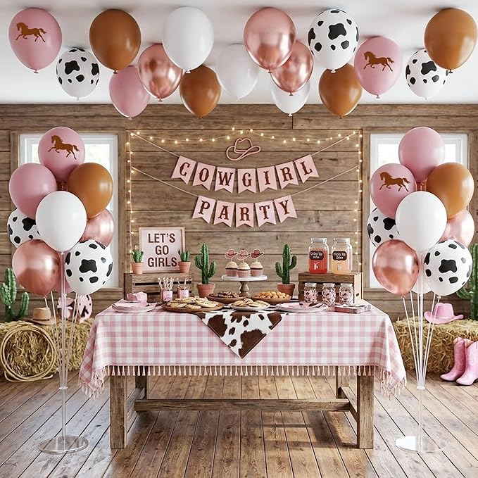Cowgirl Balloon Arch Kit, Pastel Pink Brown White Rose Gold Balloon Garland with Cow Print and Paisley Bandana, for Rodeo Birthday Party, Western Baby Shower Decoration