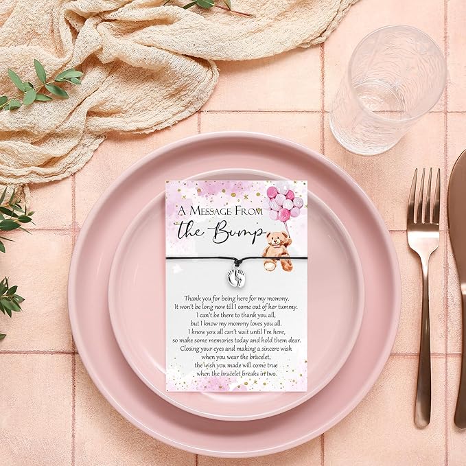 Thyle 50 Set Pink Bear Baby Shower Favors for Guests Adjustable Bracelets with Message from the Bump Card Footprints Charm Baby Shower Bracelets for Gender Reveal Thank You Gifts