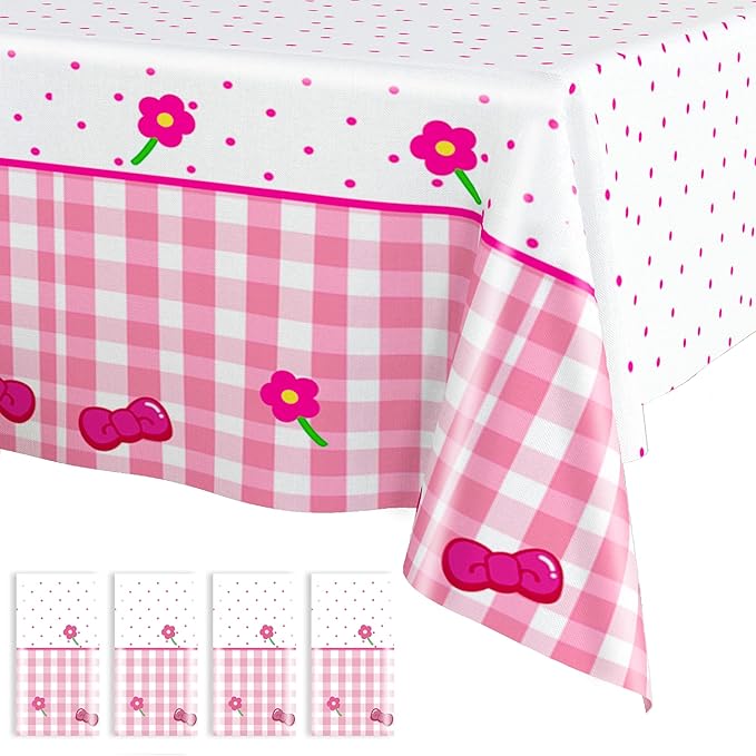 Pink Bow Flower Tablecloth 4 Packs, Pink White Gingham Cute Plastic Tablecloths Disposable Birthday Party Decoration, 54" x 108" Waterproof Tablecloth for Girls Birthday Princess Party Supplies