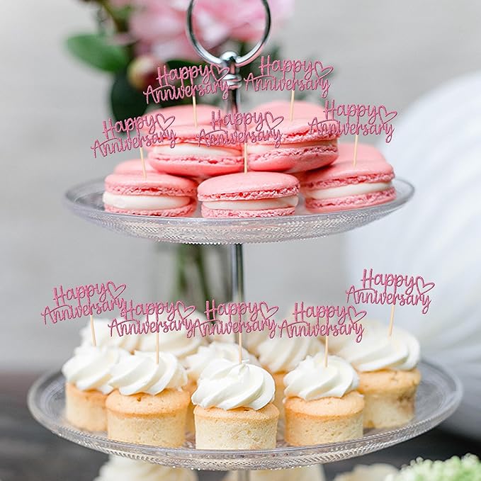 24 PCS Happy Anniversary Cupcake Toppers Glitter Wedding Anniversary Cupcake Picks Anniversary Theme Cupcake Decorations Baby Shower Birthday Wedding Anniversary Party Cake Decorations Supplies Pink