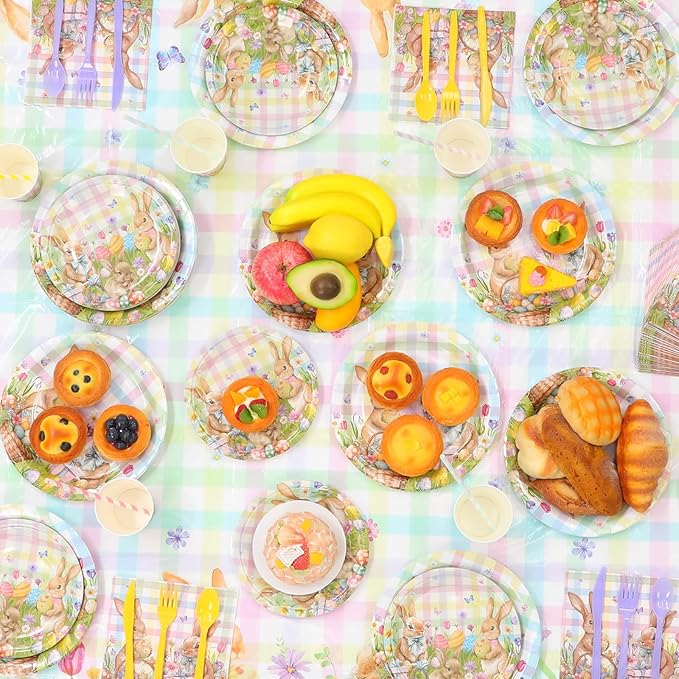 Ceenna 452 Pcs Easter Party Supplies for 50 Guest, Pastel Easter Bunny Paper Plates Napkins Cups Tablecloth Cutlery Straw Disposable Tableware for Rabbit Baby Shower Wedding Birthday Party Decoration