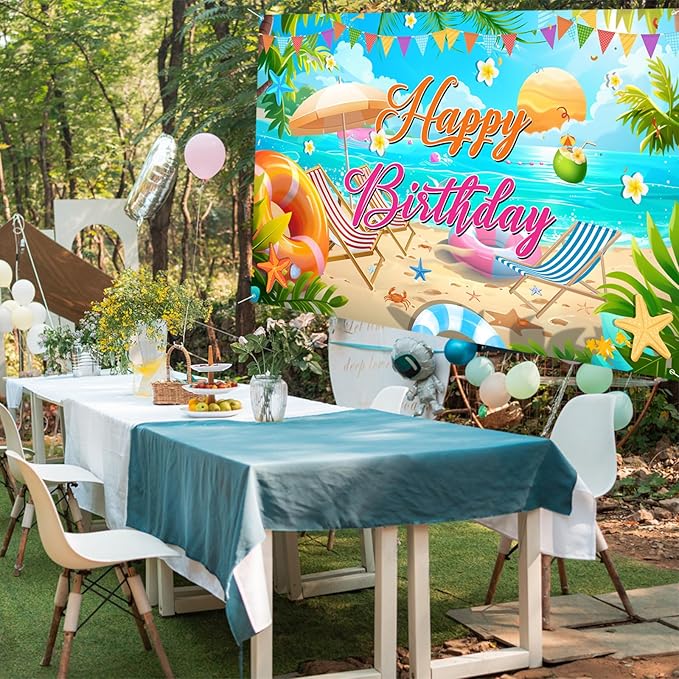 Summer Happy Birthday Banner Decorations, Backdrop Decor Supplies, Happy Sign for Backdrop, Large Beach Theme Birthday Banners Supplies Suitable for Any Lively Theme Party Event