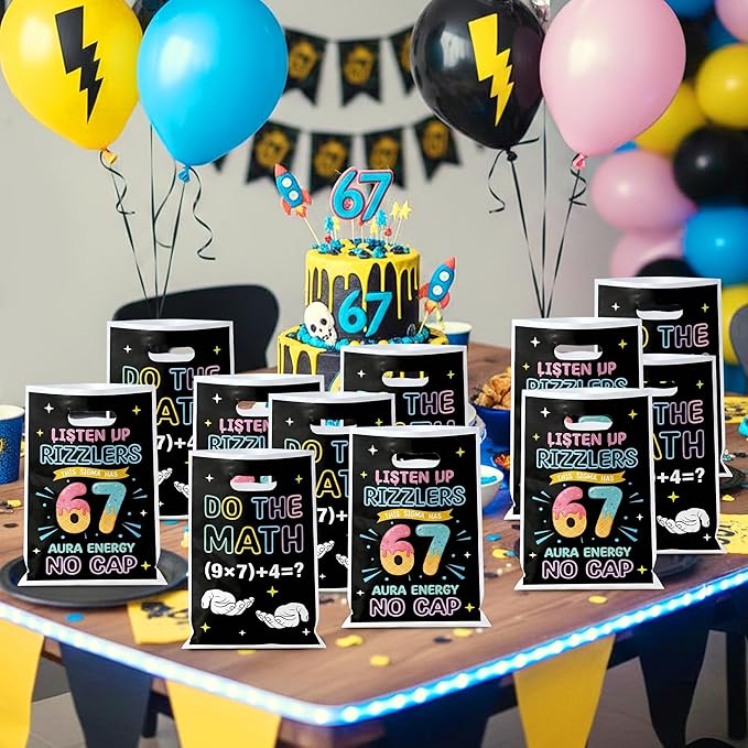 6 7 Meme Party Favor Bag 50Pcs Funny 6 7 Birthday Goody Candy Treat Gift Bags, Six Seven Number Ice Cream Theme Party Decorations for Kids Six Seven Birthday Holiday Party Supplies