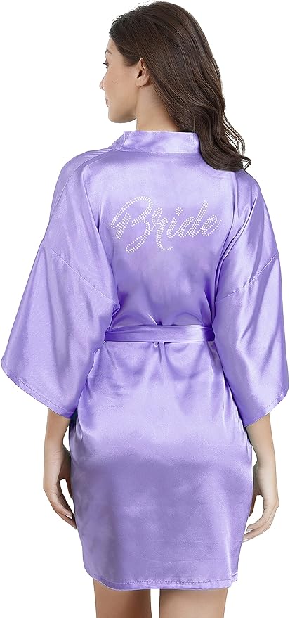 EPLAZA Women's One Size Silver Rhinestones Bride Bridesmaid Short Satin Robes for Wedding Party Getting Ready