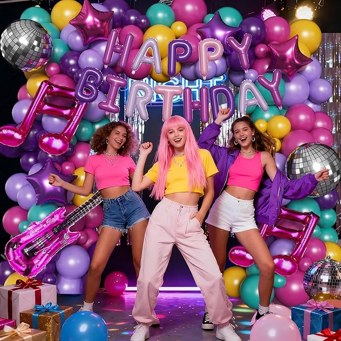 167PCS Purple Pink Teal K-Pop Music Themed Birthday Decorations with HAPPY BIRTHDAY &Musical Symbols & Disco Star & Guitar Foil Balloons for Kpop Music Girls Fans Birthday Party Grad Prom Decoration