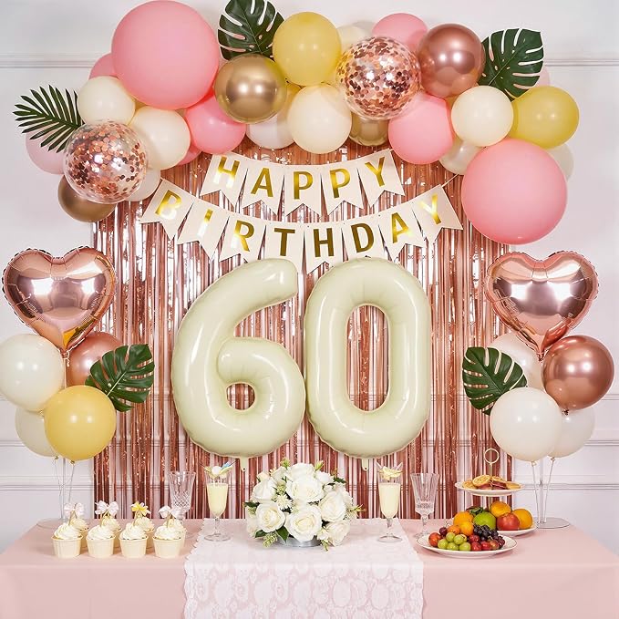 60th Birthday Decorations for Women, Retro Sand White and Cream Balloon Garland Kit, Cream Number 60 Balloon, Pink Happy 60th Banner, Milestone Party Supplies