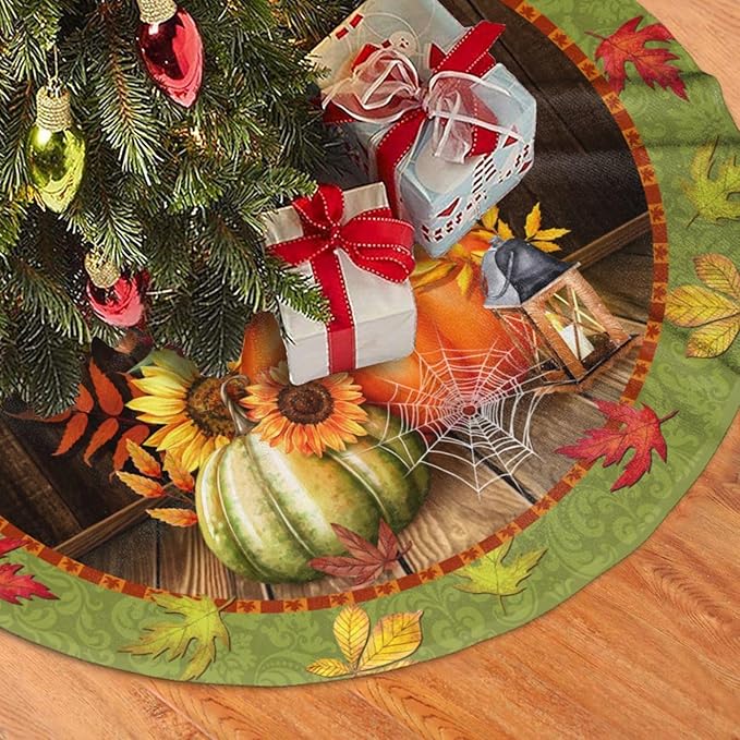 Fall Tree Skirt 48 inch, Thanksgiving Halloween Christmas Tree Skirts Ornaments Decorations, Pumpkin Maple Leaf Spider Web Design for Xmas Party Indoor Outdoor Decor