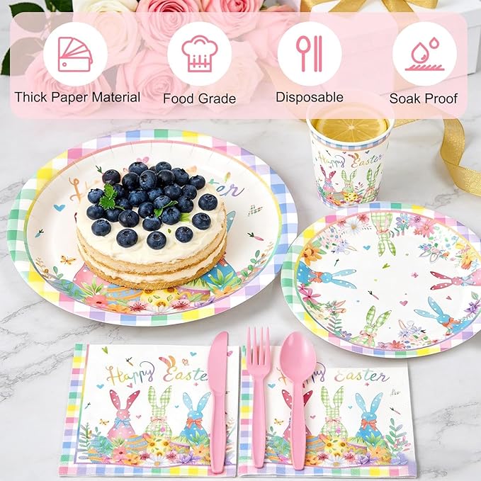 112PCS Happy Easter Plates and Napkins Forks Sets - Disposable Spring Flowers Paper Plates Set Colorful Eggs Themed Round Tableware for Easter Party Supplies Favors Table Decor(Serves 16)