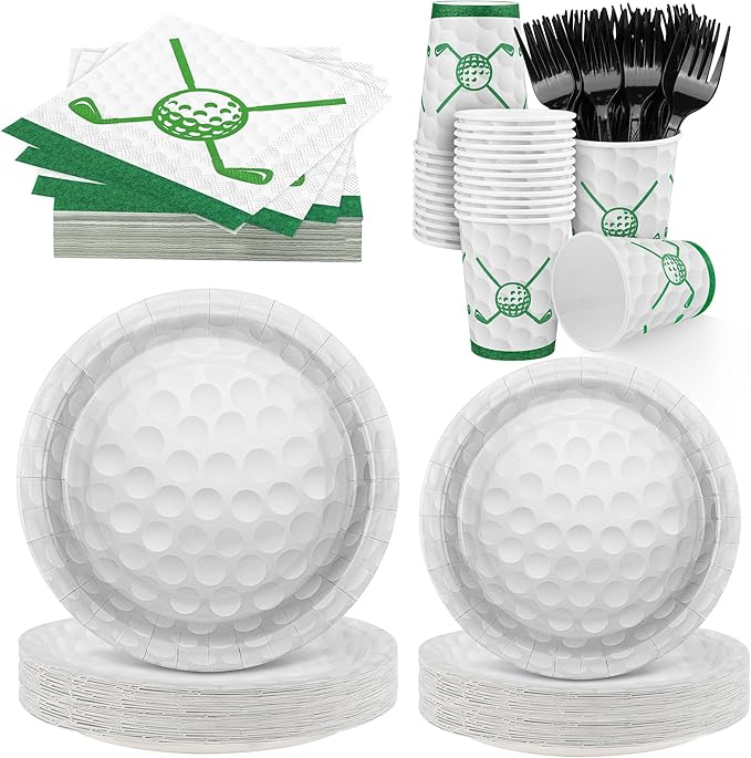 Durony 144 Pieces Golf Party Supplies - Paper Plates and Napkins Dinnerware Set for 24 Guests - Birthday Tableware Includes Plates, Napkins, Forks for Sports Themed Celebrations