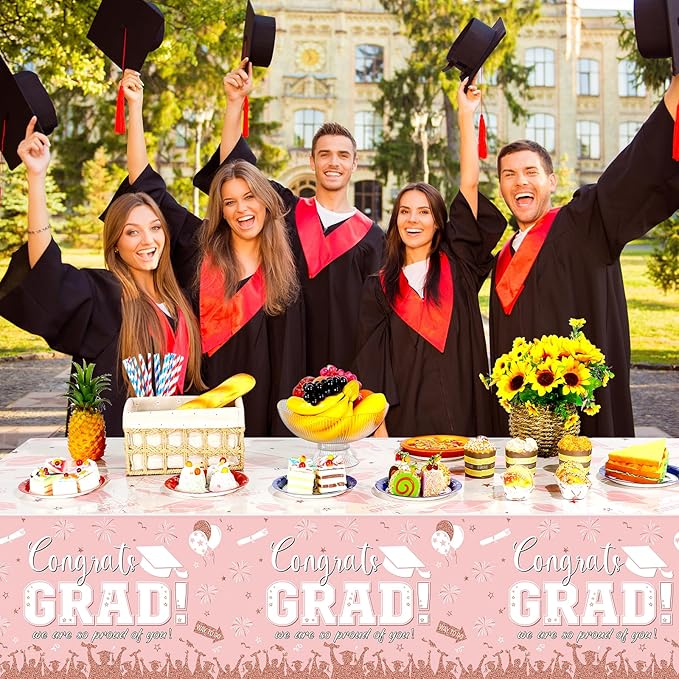 3 Pack Graduation Tablecloth Party Decorations, Class of 2026 Congrats Grad Plastic Tablecover Party Supplies, Pink Rectangle Graduation Table Decorations for College High School Party, 54 x 108 Inch
