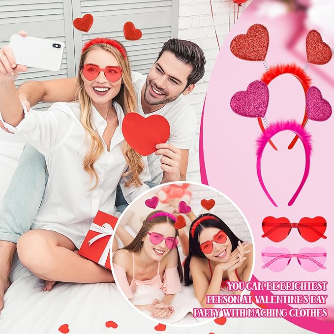 Jutom 24 Pieces Valentines Heart Headbands and Glasses Love Shaped Head Boppers Sunglasses for Adults Galentine's Supplies(Classic Style)