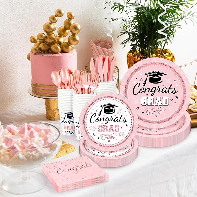 Whaline 175 Pcs Graduation Paper Plates and Napkins Set Dinnerware Pink Congrats Grad Disposable Tableware Cups and Cutlery for 25 Guests Graduates Party Supplies