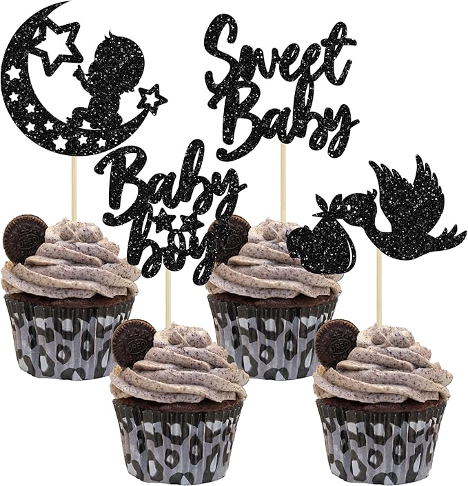 24Pcs Sweet Baby Boy Cupcake Toppers Black Glitter Moon Star Baby Shower Gender Reveal Cupcake Picks Decorations for Baby Shower Kids Boys Birthday Party Cake Decorations Supplies