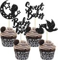 24Pcs Sweet Baby Boy Cupcake Toppers Black Glitter Moon Star Baby Shower Gender Reveal Cupcake Picks Decorations for Baby Shower Kids Boys Birthday Party Cake Decorations Supplies