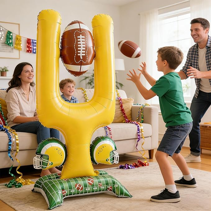 2-Piece Football Party Decoration Set - 5 ft Large Self Standing Football Foil Balloons, Suitable for Game Day Celebrations and Sports Themed Party Decorations (Football Goal Post)