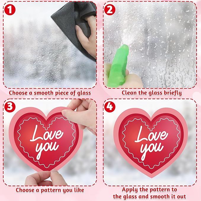 80PCS Valentines Window Clings, 4 Sheets Valentines Home Decor, 13.7 × 9.8 Inches Heart Window Clings Double-Sided Heart Stickers for Classroom, Wedding Romantic Decorations