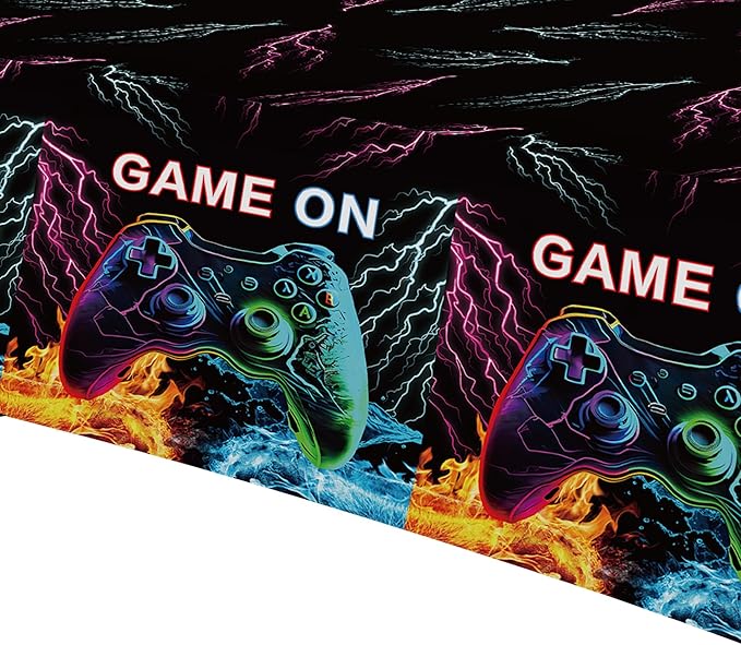 Video Game Party Decorations Tablecloth, 3Pcs Disposable Game On Birthday Party Tablecover Supplies, Gamer Gaming Level Up Birthday Table Cloth Decorations, 55in x 86in