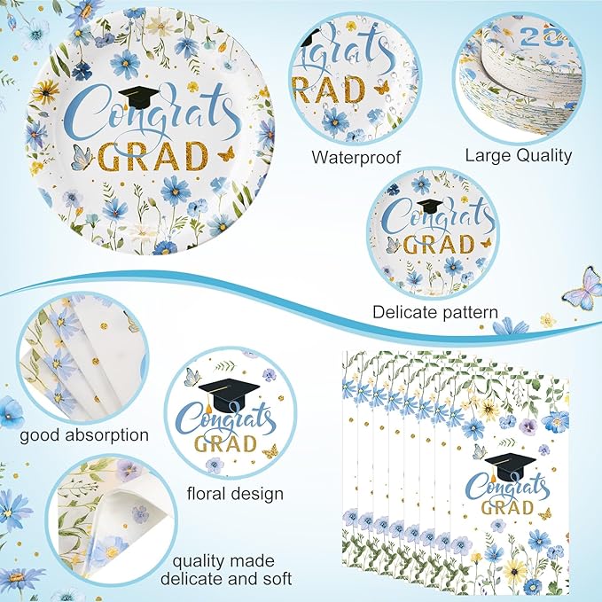 400 Pcs Class of 2026 Blue Floral Graduation Decoration for 50 Guests, Light Blue Gold Flower Graduation Paper Plates Napkins Cups Cutlery Grad Tableware for 2026 Congrats Grad Party Supply