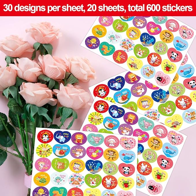 Fancy Land 600 Valentines Sticker for Kids Heart Animal Sticker for Valentine’s Day Party Decoration