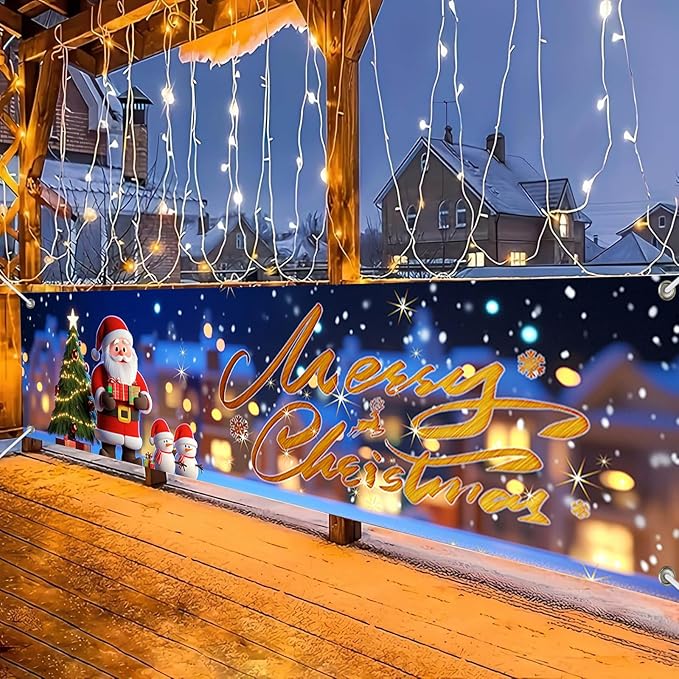 Merry Christmas Banner Santa Claus Christmas Decorations for Home 79x18 Inch Large Outdoor Xmas Backdrop with Snowman Tree Lights for Holiday Party Wall Yard Fence Indoor Decor