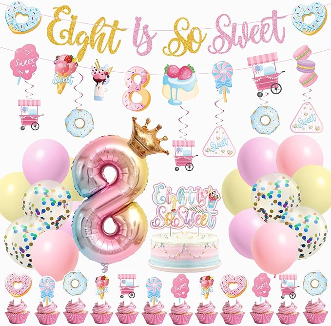 Sweet Sassy And Eight Birthday Decorations- 8th Birthday Decorations For Girls With Donut Banner Sweet Cake Topper 8th Foil Balloon For 8th Donut Themed Party Decor Sweet Eight Party Supplies