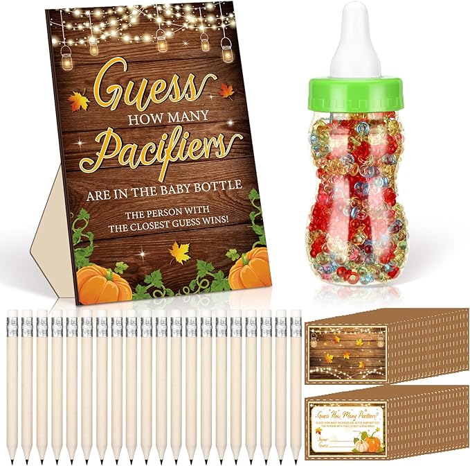 Syhood Fall Baby Shower Games Guess How Many Pacifiers Pumpkin Game Sign 50 Small Guessing Games 20 HB Pencils 750 ml Milk Bottle 400 Acrylic Pacifiers Decorations Guests Gender Reveal Party Favors