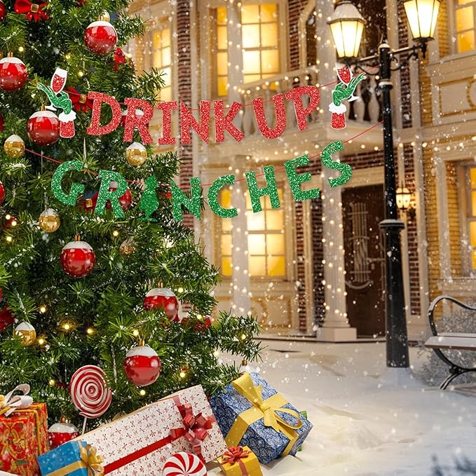 Christmas Banner Grinches Party Decorations Drink Up Banners Indoor, Glittery Christmas Decor Banner, Red Green Banner for Home Fireplace Decor