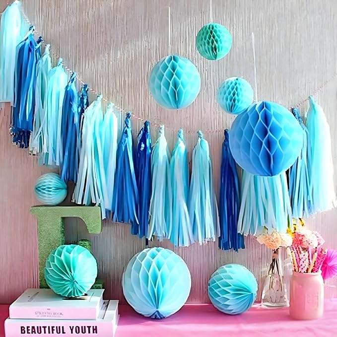 Blue Paper Tassel Garland Banner - Tri-Color Handmade Tassels for Party Decorations, Beach Wedding Backdrop, DIY Crafts (30-Pack)