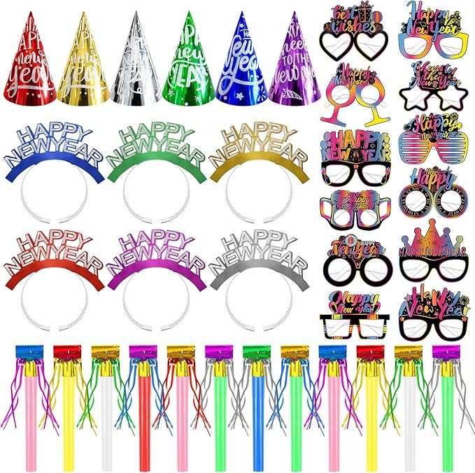 Openfly 36Pcs New Years Eve Party Supplies 2026 Happy New Year Hats Headband Tiara Noise Makers Paper Glasses Party Favors