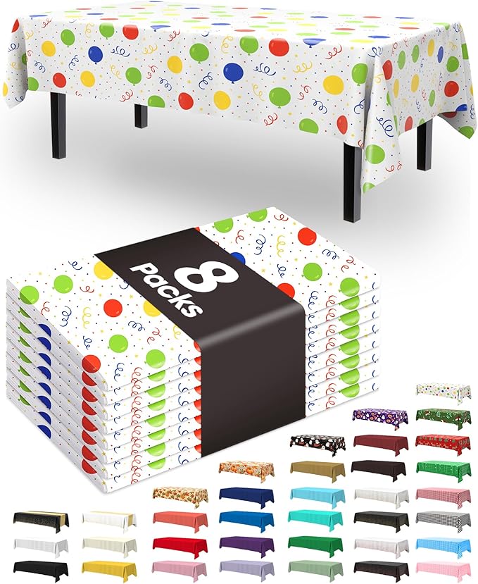 Pureegg Plastic Table Cloth Disposable 8 Pack, 54 x 108 Inch TableCloths, Picnic, Happy Birthday Decorations for Girls Boys, Baby Shower Party, Rectangle, Plastic Cover, Leakproof & Sturdy, Birthday