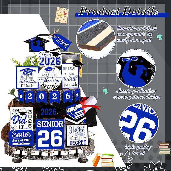 22 Pcs 2026 Graduation Tiered Tray Decor Sets Wooden Graduation Class of 2026 Table Decorations Senior 2026 Gown Diploma Farmhouse Signs for Home Shelf Party Office Desk(Blue)