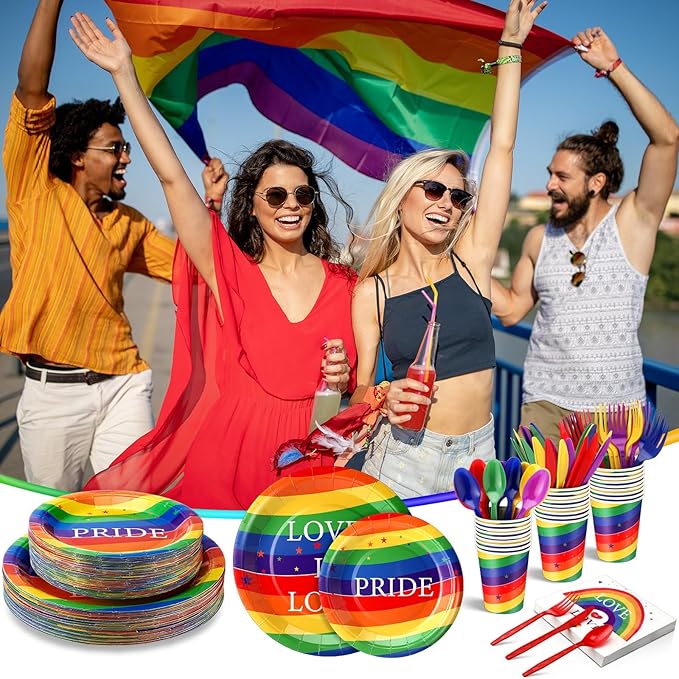 350 Pcs Disposable Gay Pride Month Party Tableware for 50 Guests Rainbow Paper Plates Love Napkins Cups Knives Forks Spoons for Gay Pride Party Lgbt Parade Festival Events Club Dance