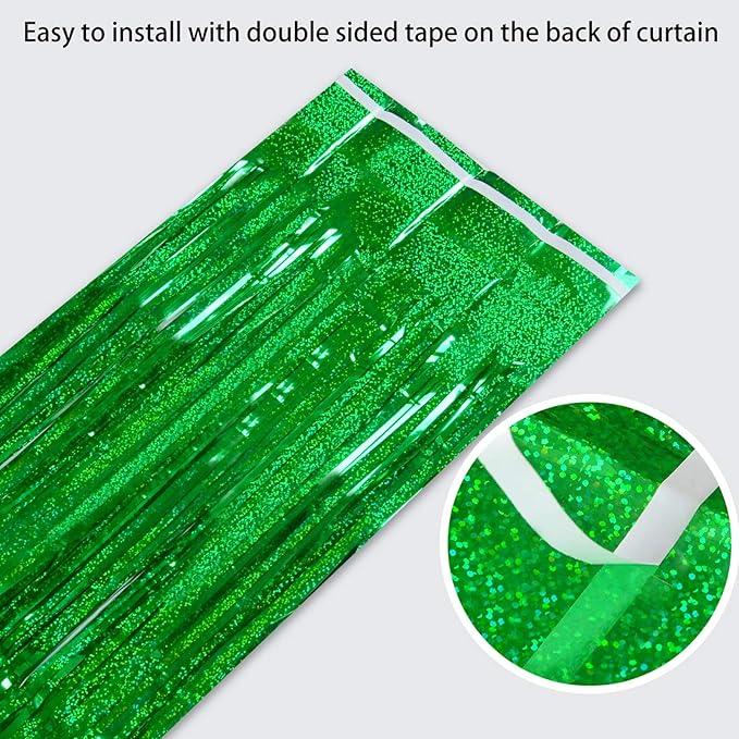 Green Tinsel Curtain Backdrop for St Patricks Day Decorations – Melsan 2 Pack 3.2 ft x 8 ft Metallic Foil Fringe Curtains for Irish Party, Jungle Birthday, Photo Booth Backdrop