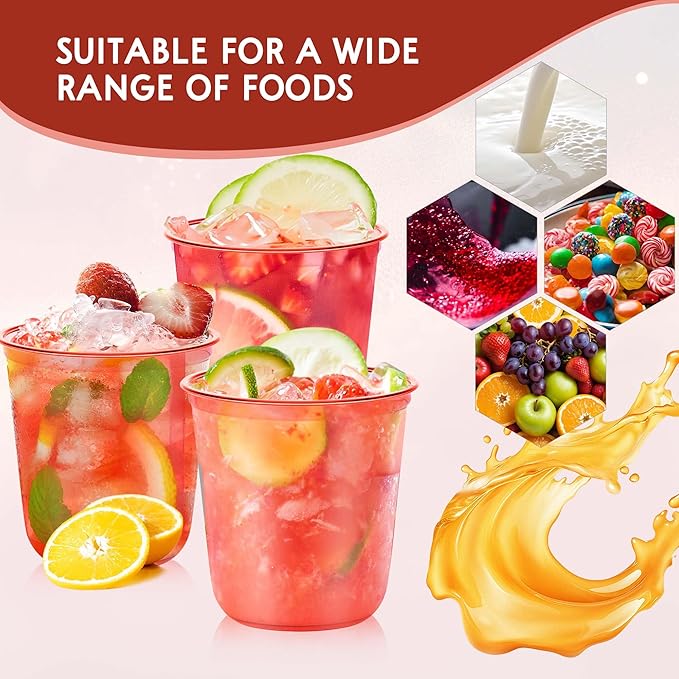 KesaPlan 50 Pcs Red Clear Plastic Cups for Party, 12 oz Disposable Stemless Wine Glasses, Cute Round Bottom Plastic Cocktail Cups for Christmas Valentine's Day Mother's Day Birthday Wedding Party