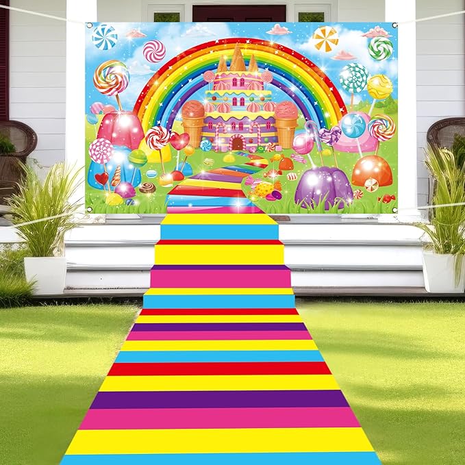 Candyland Party Decorations Colorful Polyester Carpet Runner Candyland Backdrop Sweet Candy Land Princess Road Banner for Outdoor Home Decor Candy Runway Rug Candy Land Themed Birthday Party Supplies