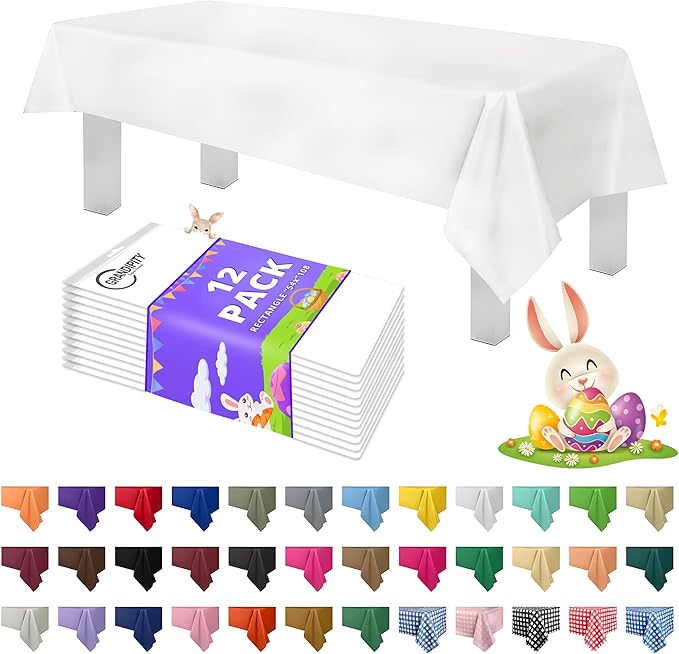 Grandipity 12 Pack Premium Disposable Plastic Tablecloth 54 Inch. x 108 Inch. with 0.3mm Thickness Table Cover - White