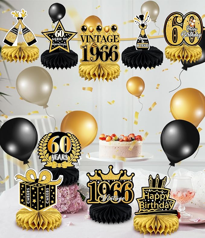 9 Pcs 60th Birthday Decoration for Men Women 60th Birthday Centerpieces for Tables Cheers to 60 Years Birthday Honeycomb Decor Birthday Table Topper Black and Gold 60th Birthday Party Favors