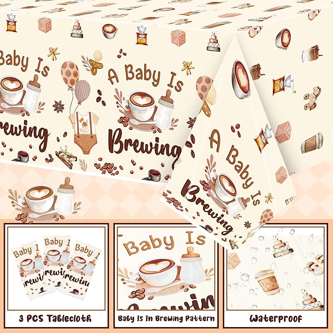 K1tpde Coffee Themed Baby Shower Tablecloths - 3PCS A Baby is Brewing Party Disposable Tablecloths for Kids, Coffee Beans Shower Welcome Baby Decorations Pregnancy Diaper Gender Reveal Party Supplies