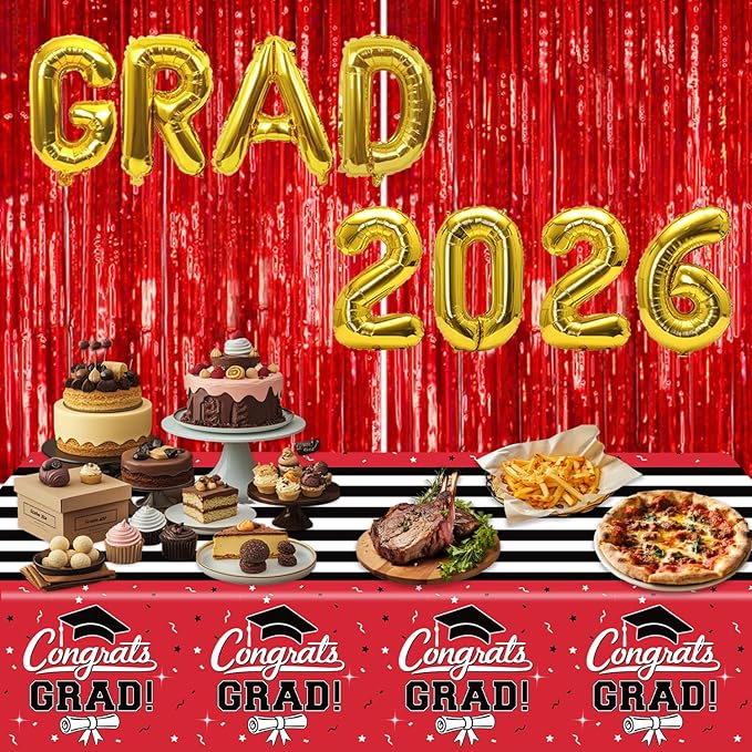 7-Pack Graduation Party Decorations Set, 3 Red Graduation Tablecloths 54x108in, 2026 and Grad Balloons, 2 Foil Fringe Curtains for High School College Graduation Party Photo Booth