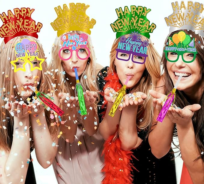 Openfly 24Pcs New Years Eve Party Supplies 2026 Happy New Years Party Headband Hats New Year Glasses New Year Noise Makers
