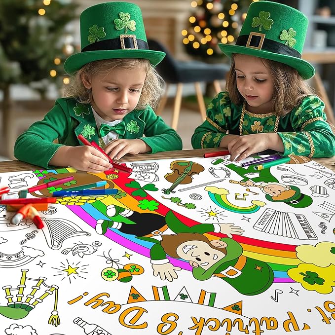 Labeol St Patricks Day Decorations Coloring Tablecloth for Kids Giant Coloring Poster Banner St Patricks Day Crafts Gifts for Kids Party Decor