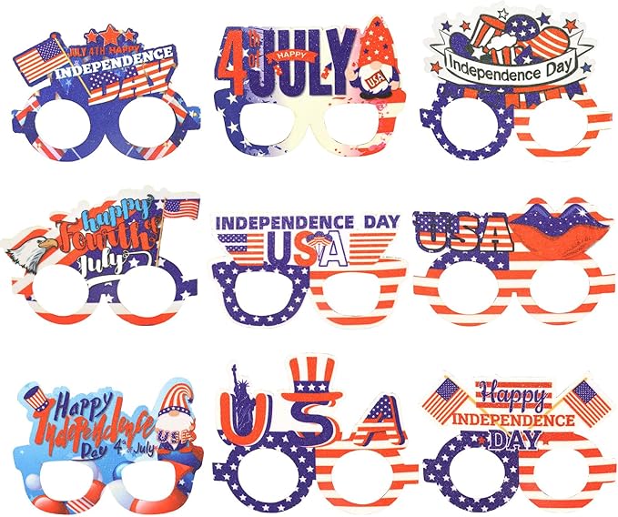 CURASA 9PCS American Flag Glasses 4th Of July Paper Glasses Patriotic Party Decorations Red White Blue Eyewear Memorial Day Sunglasses Independence Day Outfits Photo Booth Props Favor Gifts For Adults