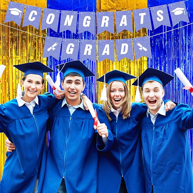 MYUPDALIN 2 Pack Blue and Gold Graduation Decorations 2025 -Tinsel Foil Fringe Curtains Backdrop - High School College University Graduation Party Photo Booth Props Backdrop