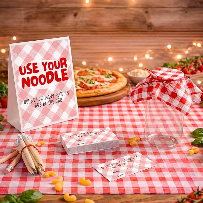 Yungyan 104Pcs Pizza Theme Baby Shower Party Game Guess How Many Pasta Guessing Cards Pencils Standing Sign Plastic Jar Checkered Cloth Twine Paper for Gender Reveal Italian Tomato Themed Celebrations