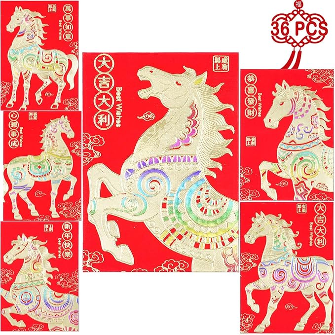 Red Envelopes Chinese New Year Of The Horse 2026,红包, Lucky Money Envelopes For Lunar New Year, Li Xi Hongbao With 6 Gold Embossed Patterns Colorful 36Pcs Medium