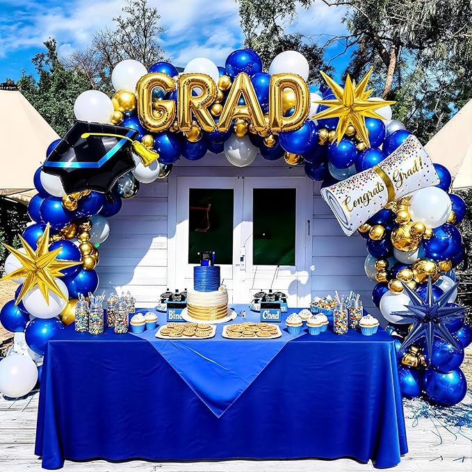 Blue Graduation Balloons Garland Arch Kit, 113 PCS Blue Gold White Graduation Star Print Cap Certificate Grad Foil Balloons with Gold Explosion Star Balloon for Graduate Class of 2026 Prom Party Decor