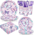 168pcs Butterfly Party Decorations Purple Butterfly Plates and Napkins Tableware Set Disposable Paper Cups Flower and Butterfly Birthday Party Supplies for Kids Birthday Decor Serves 24 Guest