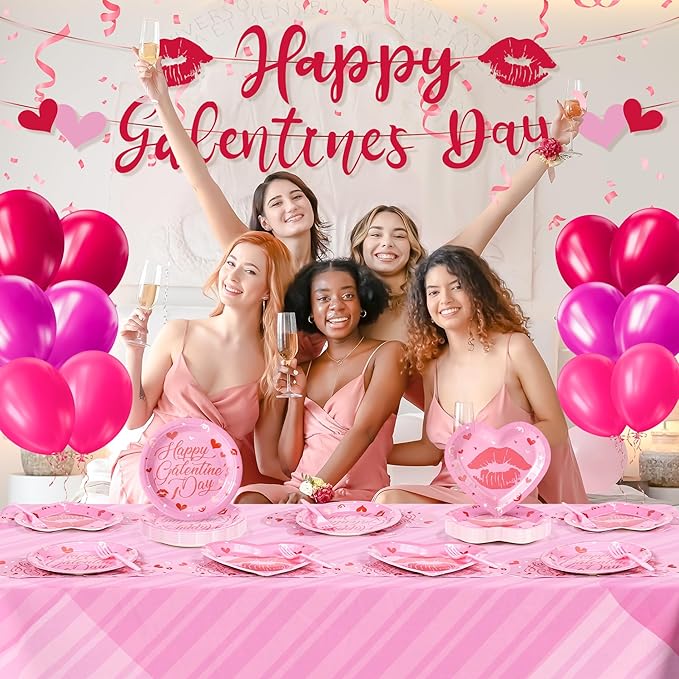 109PCS Happy Galentine's Day Party Supplies,Pink Love Heart Disposable Paper Plates Napkins Cups Forks Dinnerware for 24 Guest,Banner Balloons for Valentines Anniversary Wedding Engagement