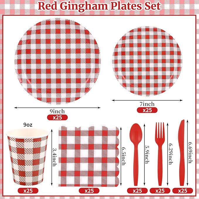 175 Pcs Gingham Party Supplies Include Red Gingham Plates and Napkins Cups Plastic Cutlery Disposable Red Checkered Plates Set for Picnic, Pizza, Bbq, Hot Dog Party Decorations