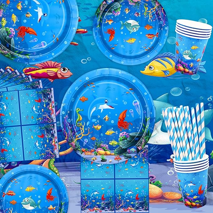 223 Pack Under the Sea Party Supplies Ocean Sea Party Tableware Set Plates Cups Napkins Tablecloth Banner Balloons Cake Toppers for Underwater World Birthday Ocean Animal Party Decorations Serves 20